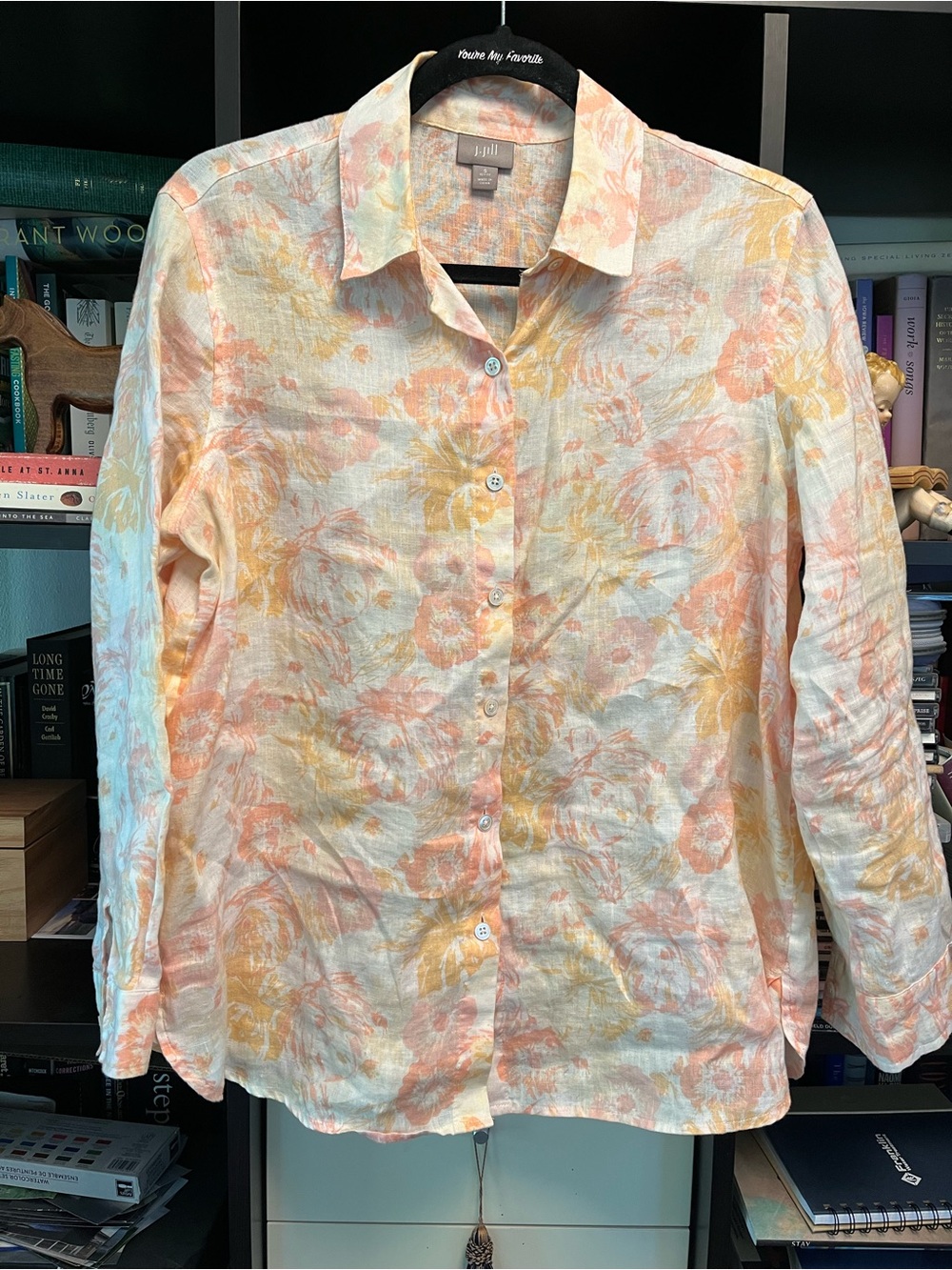 J. Jill Floral Linen Button-Down Shirt in Peach and Yellow